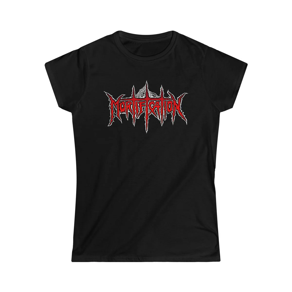 Mortification Red and White Logo Women's Short Sleeve Tshirt