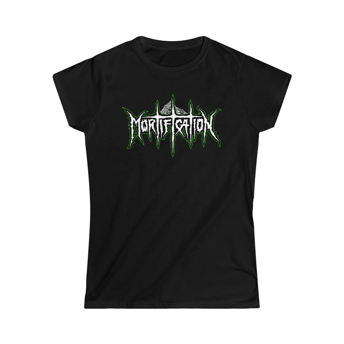 Mortification White and Green Logo Women's Short Sleeve Tshirt