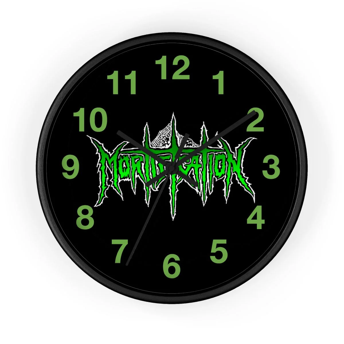 Mortification Logo Green and White Wall clock