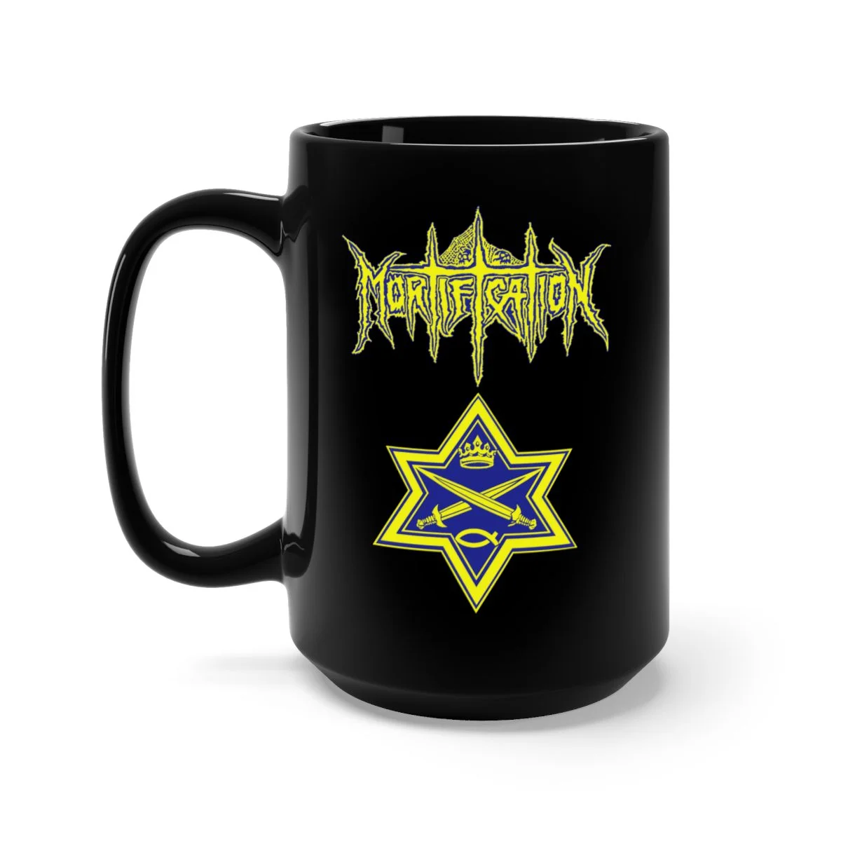 Mortification Logo and Star 15oz Black Mug