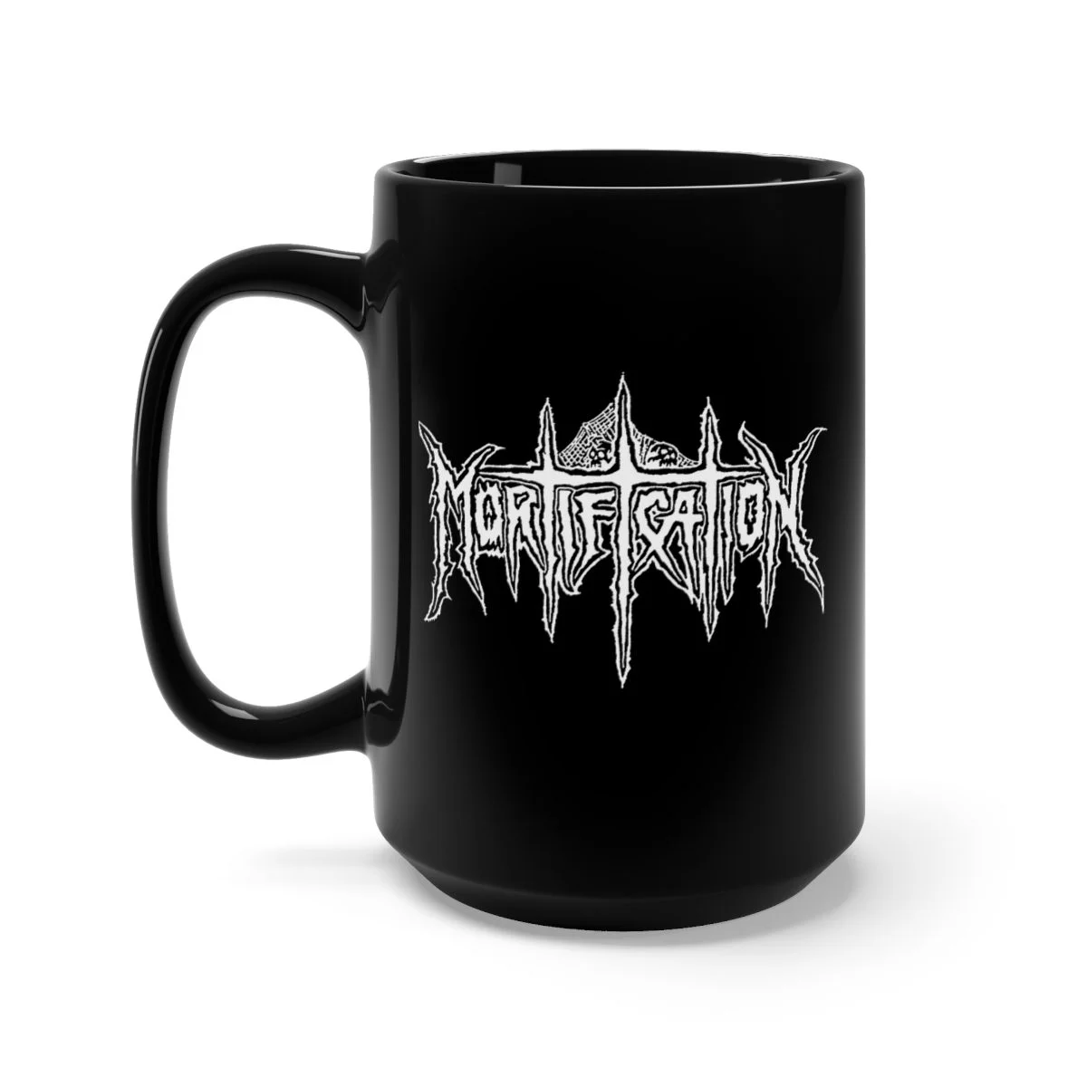 Mortification White Logo 15oz Black Mug