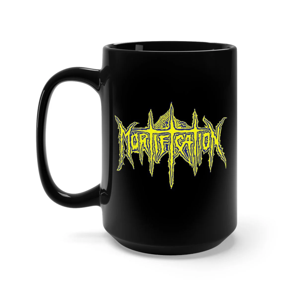 Mortification Yellow and Blue Logo 15oz Black Mug