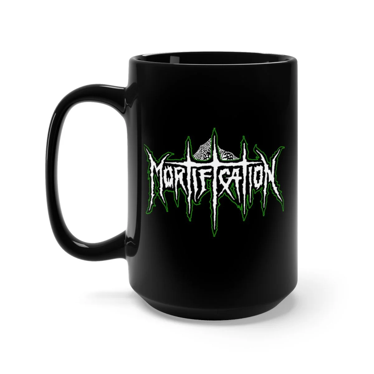 Mortification White and Green Logo 15oz Black Mug