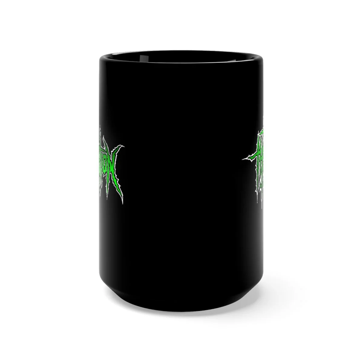Mortification Total Thrashing Death (Green) 15oz Black Mug - Image 2
