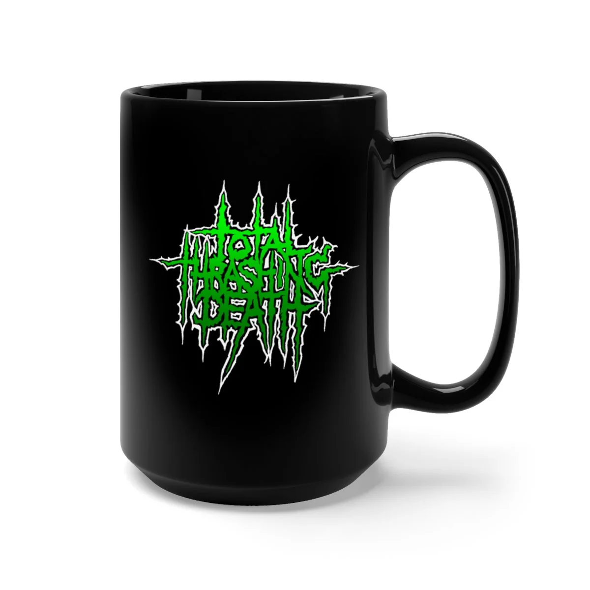 Mortification Total Thrashing Death (Green) 15oz Black Mug - Image 3