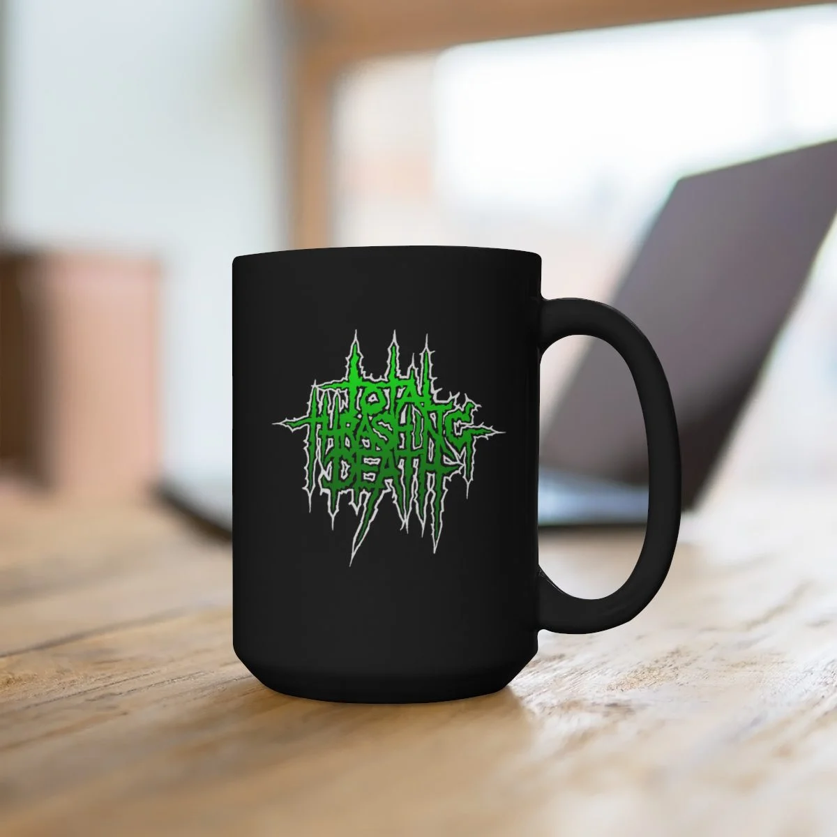 Mortification Total Thrashing Death (Green) 15oz Black Mug - Image 4