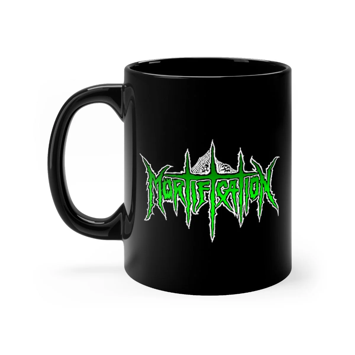Mortification Green Logo 11oz Black mug