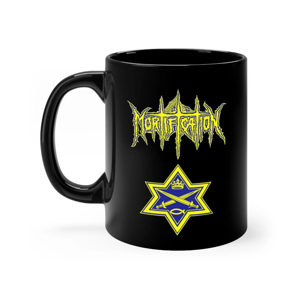 Mortification Logo and Star 11oz Black mug