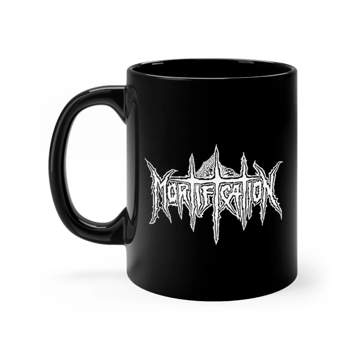 Mortification White Logo 11oz Black mug