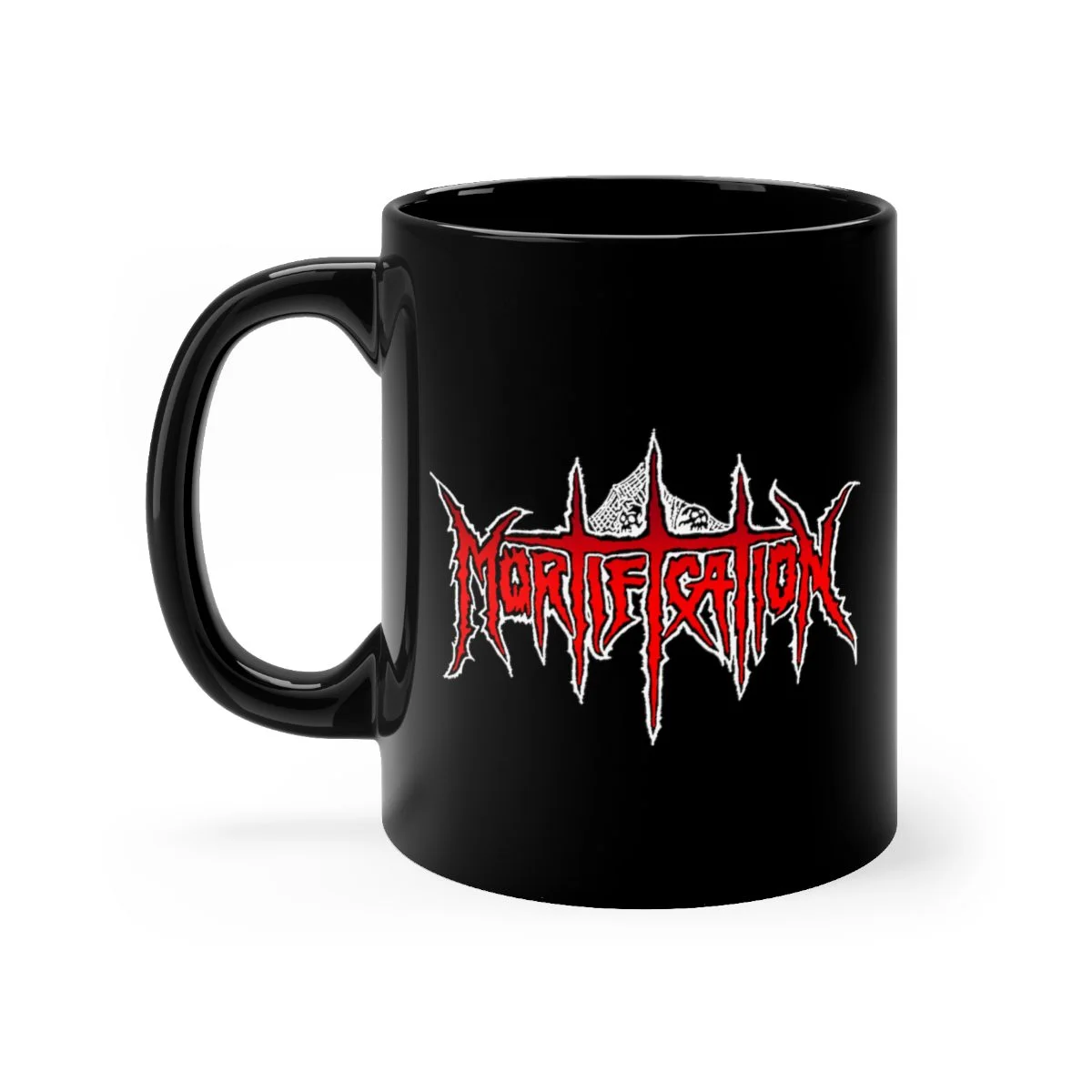 Mortification Red and White Logo 11oz Black mug