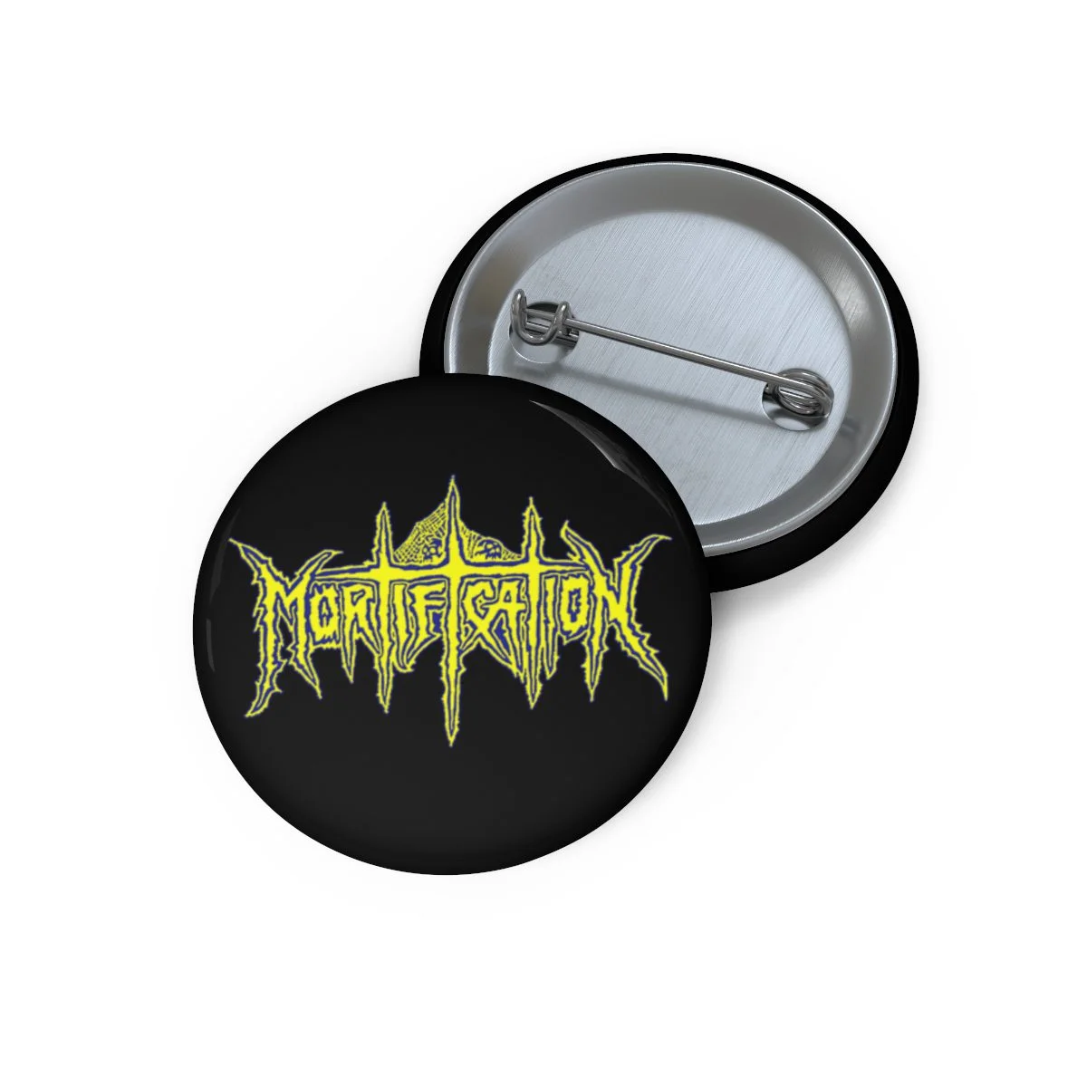 Mortification Yellow and Blue Logo Pin Buttons