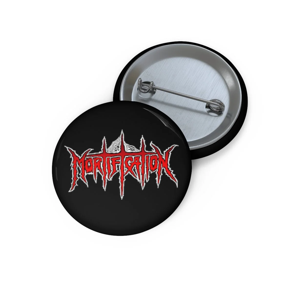 Mortification Logo Red and White Pin Buttons