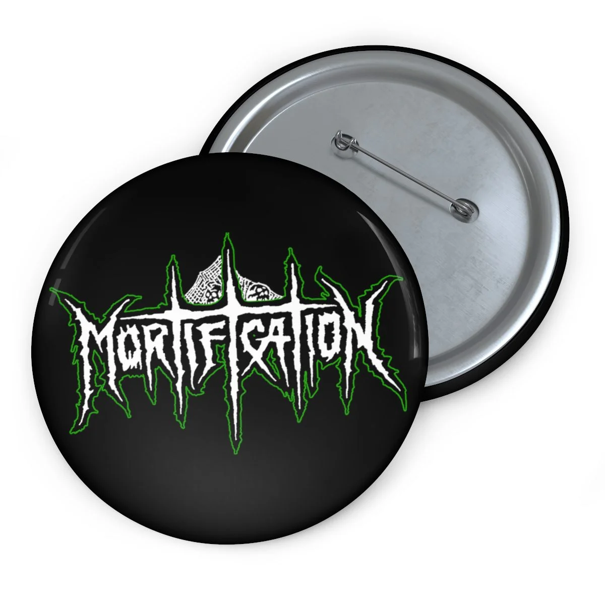 Mortification White and Green Logo Pin Buttons