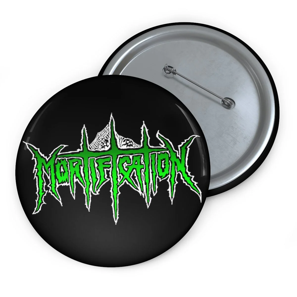 Mortification Logo Green and White Pin Buttons