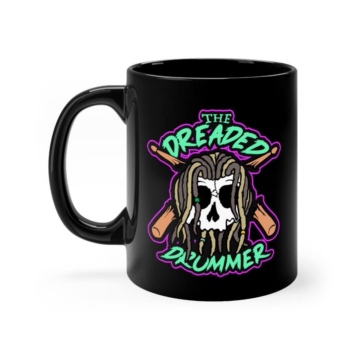 The Dreaded Drummer Green and Purple Version 11oz Black mug