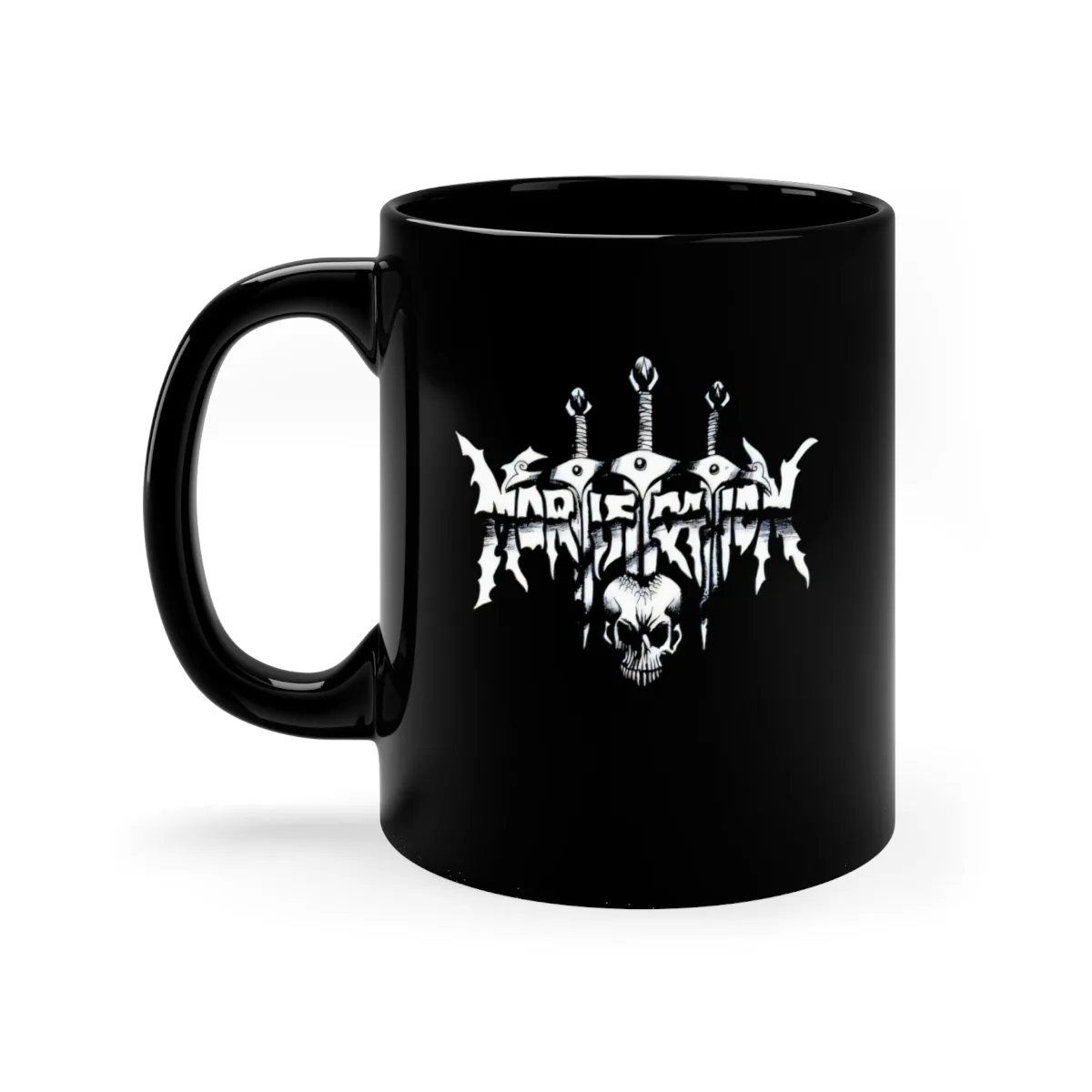 Mortification Swords and Skull Logo 11oz Black mug