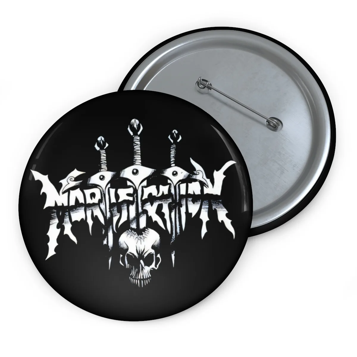 Mortification Swords and Skull Logo Pin Buttons