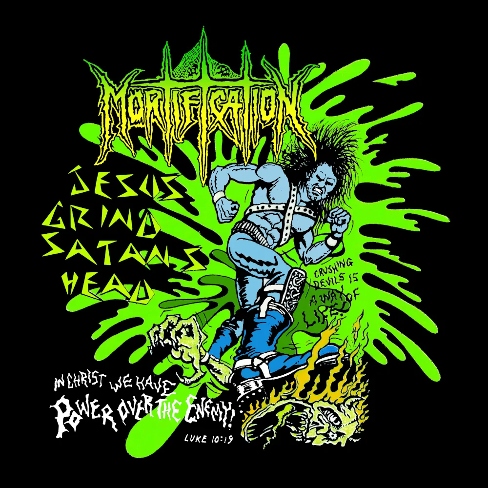 Mortification - Jesus Grind Satan's Head - Black Denim Printed Patches (2 sizes)