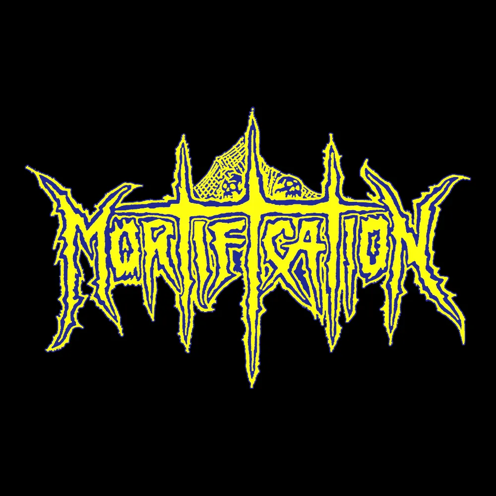 Mortification - Logo Blue Yellow - Black Denim Printed Patches (2 sizes)