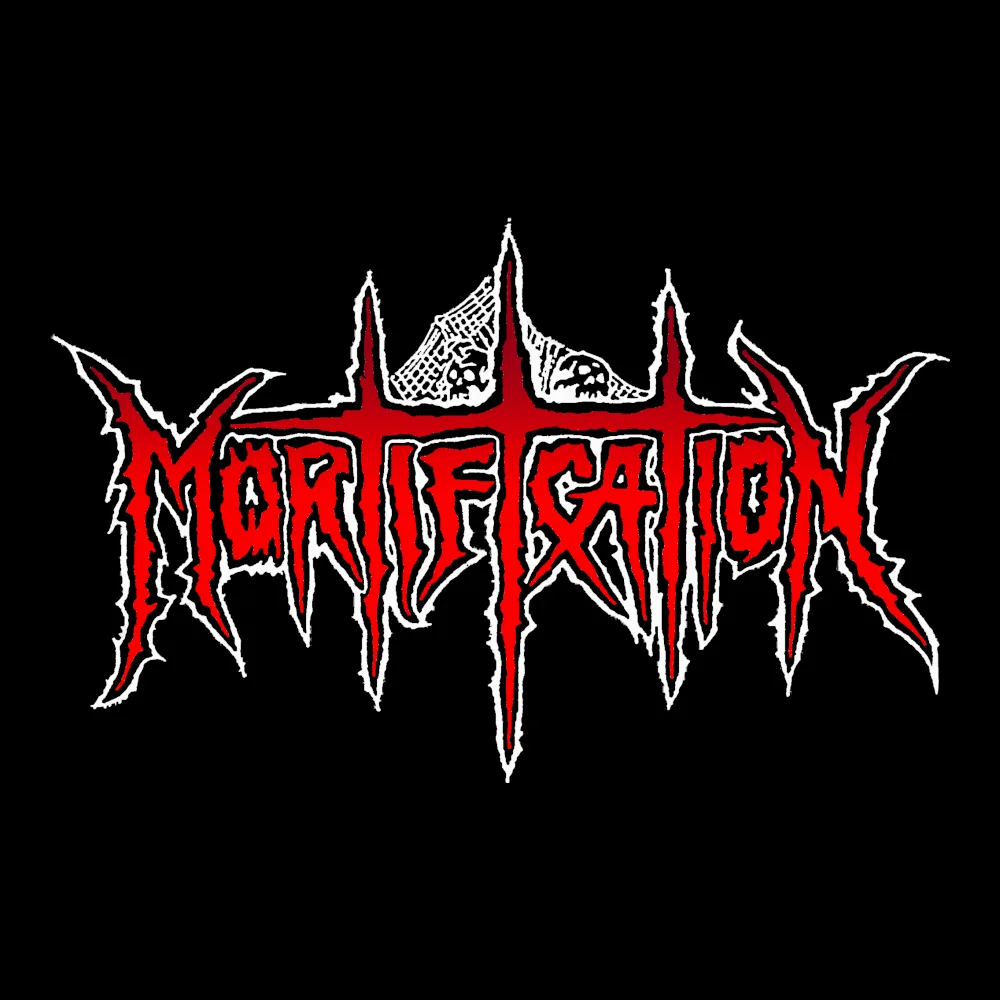 Mortification - Logo Red White - Black Denim Printed Patches (2 sizes)