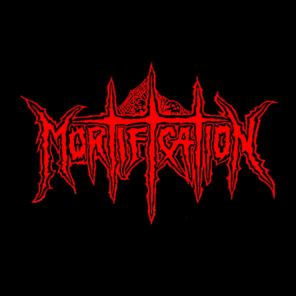 Mortification - Red Logo - Black Denim Printed Patches (2 sizes)