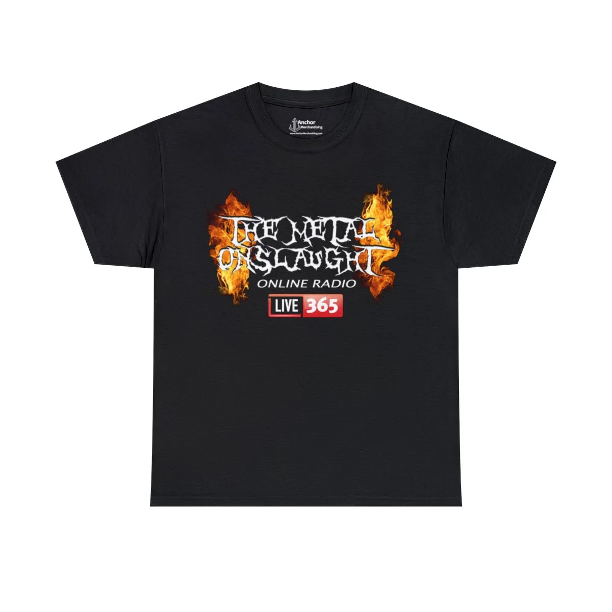 The Metal Onslaught Online Radio365 with All Shows On Back Short Sleeve T-shirt (2-Sided)