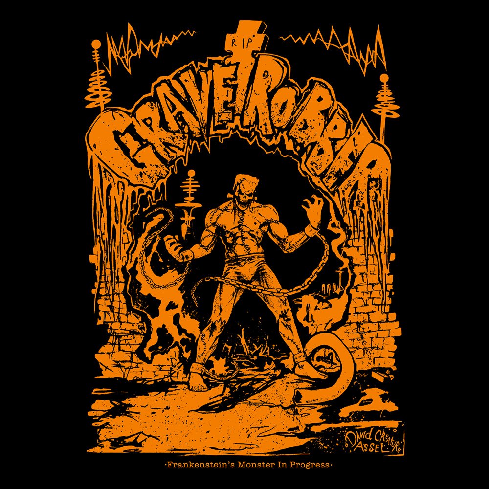 Grave Robber - Frankenstein In Progress Limited Edition Orange - Black Denim Printed Patches (2 sizes)