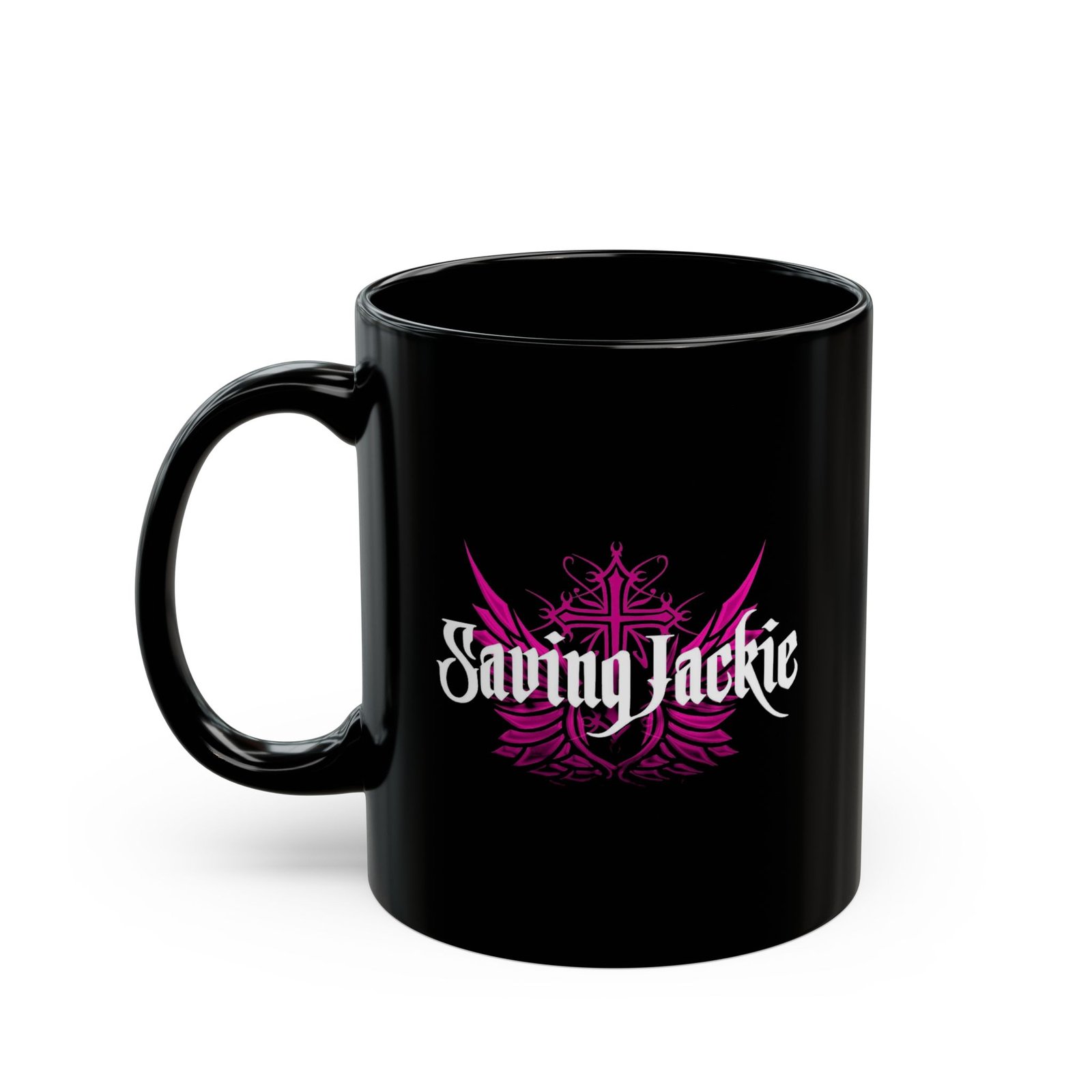 Saving Jackie Wings Logo 11oz Black Mugs