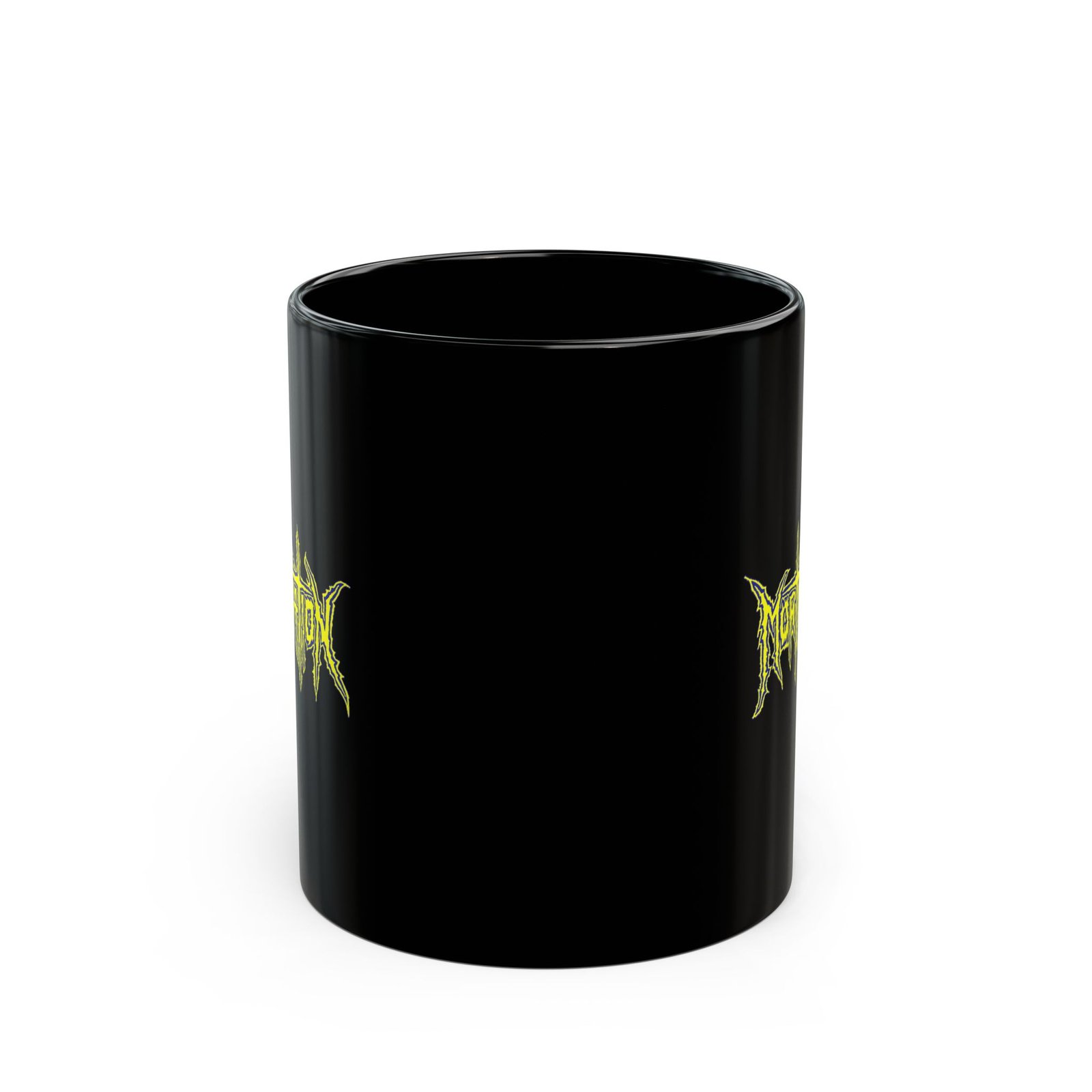 Mortification Logo 11oz Black Mugs (Blue/Yellow) - Image 2