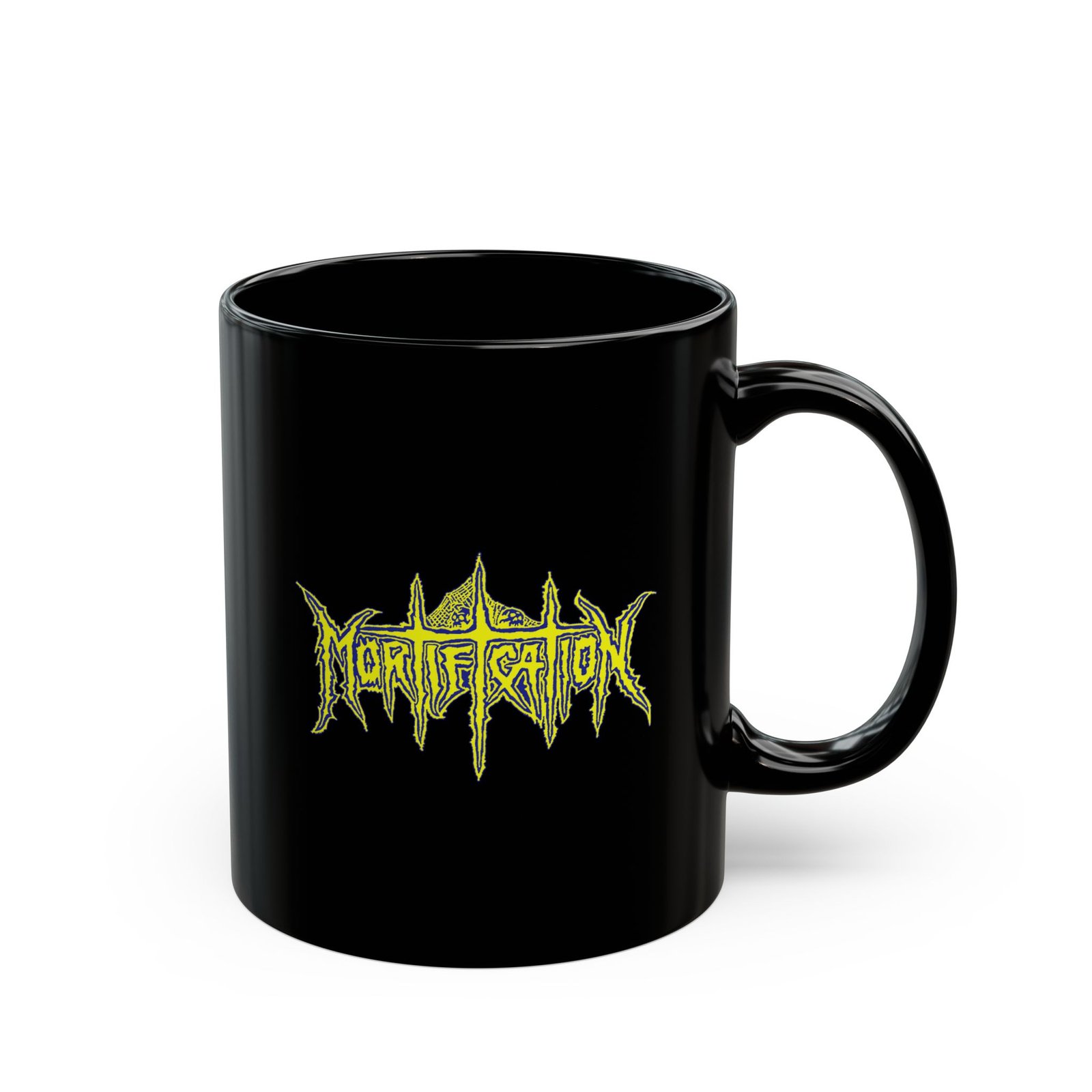 Mortification Logo 11oz Black Mugs (Blue/Yellow) - Image 3
