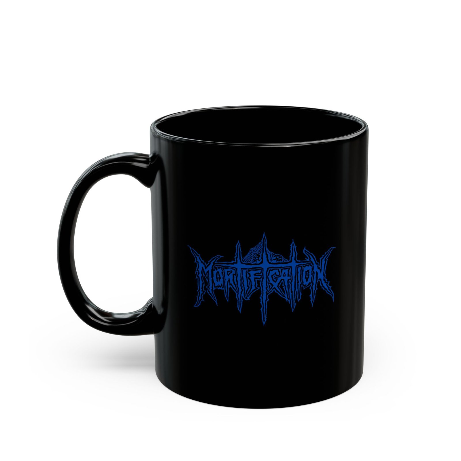 Mortification Logo 11oz Black Mugs (Blue)