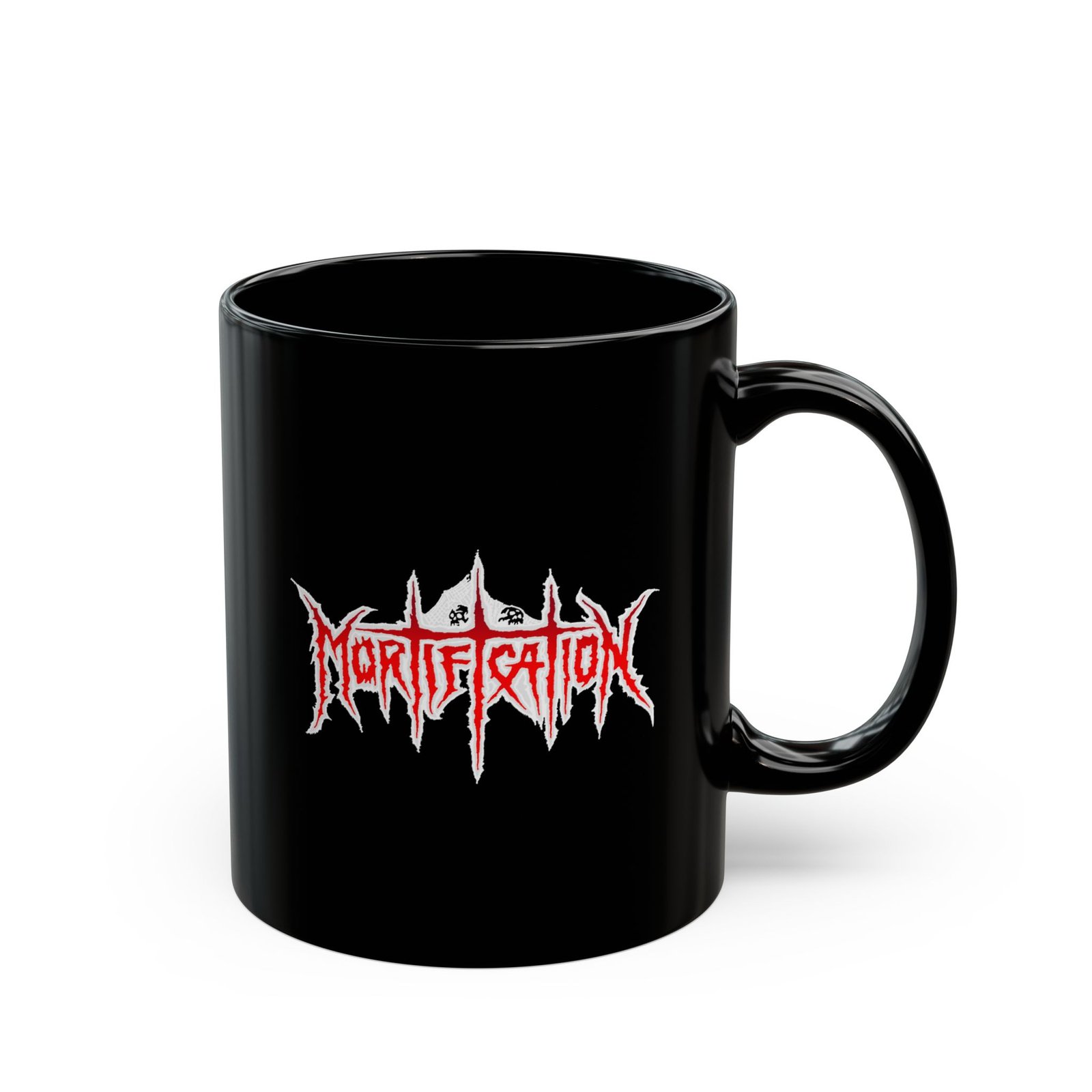 Mortification Logo 11oz Black Mugs (Red/White) - Image 3