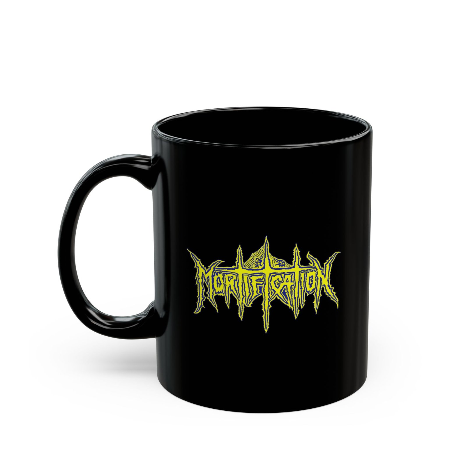 Mortification Logo 11oz Black Mugs (Blue/Yellow)