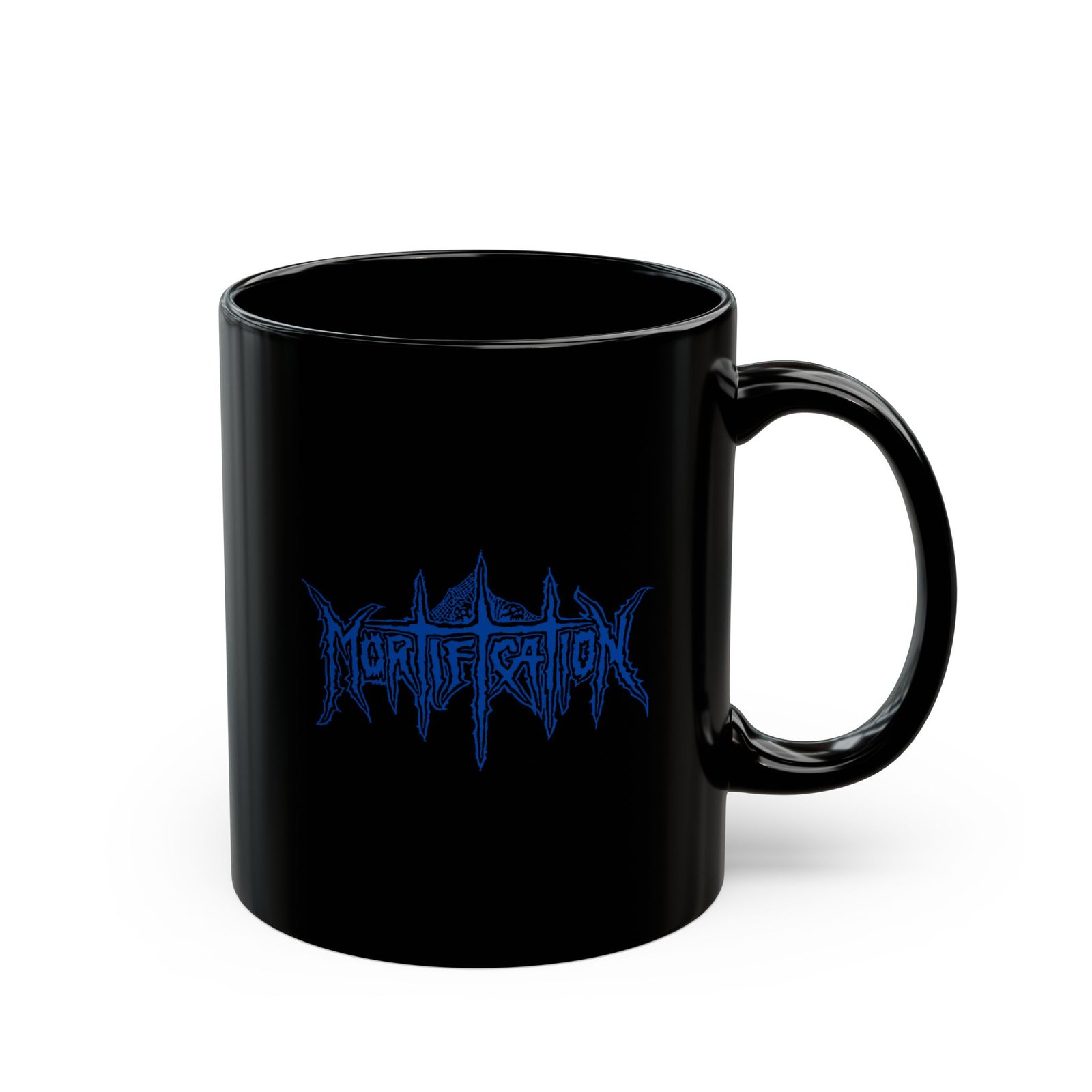 Mortification Logo 11oz Black Mugs (Blue) - Image 3