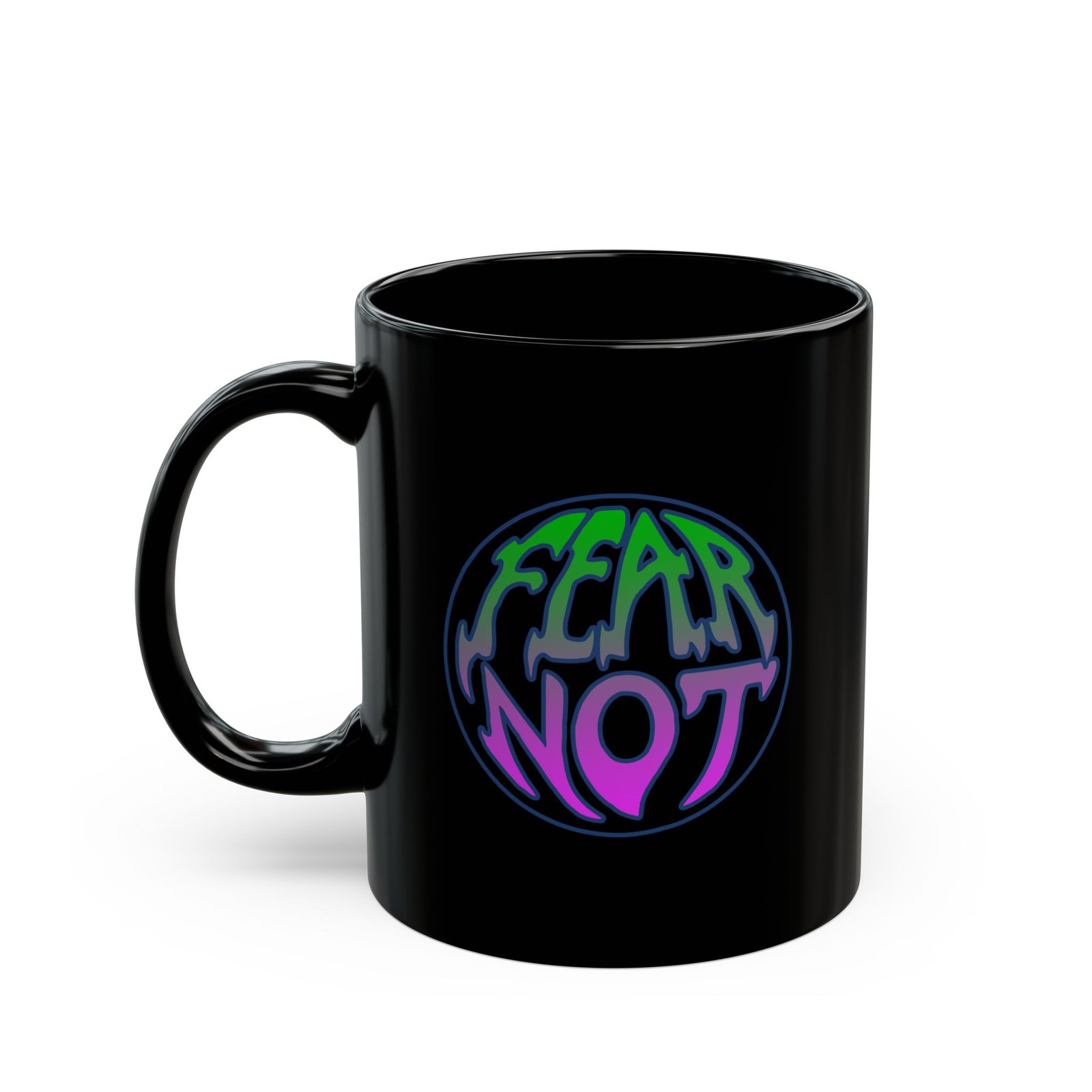 Fear Not Circle Logo 11oz Black Mugs (Green/Purple)