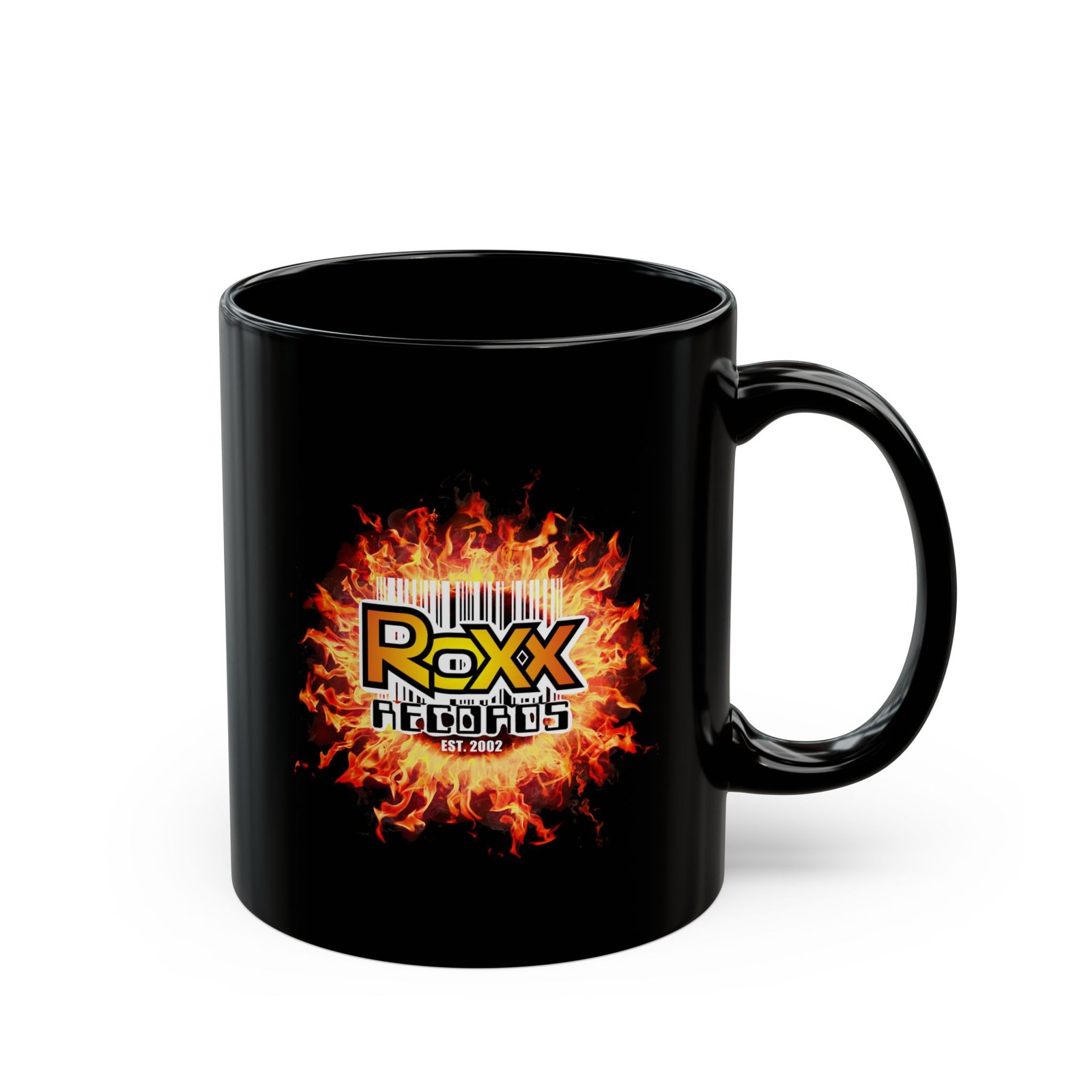 Roxx Records Fire Logo 11oz Black Mugs - Image 3