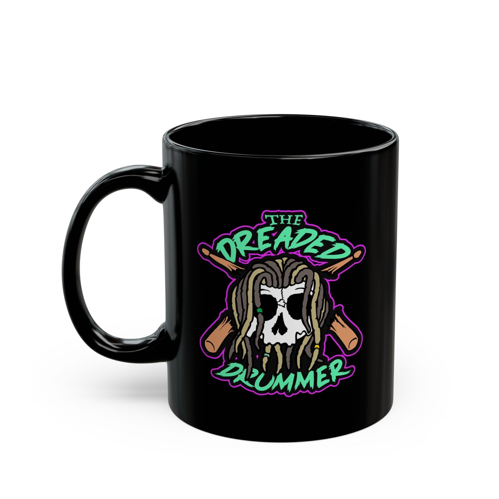 The Dreaded Drummer Green And Purple Version 11oz Black Mugs