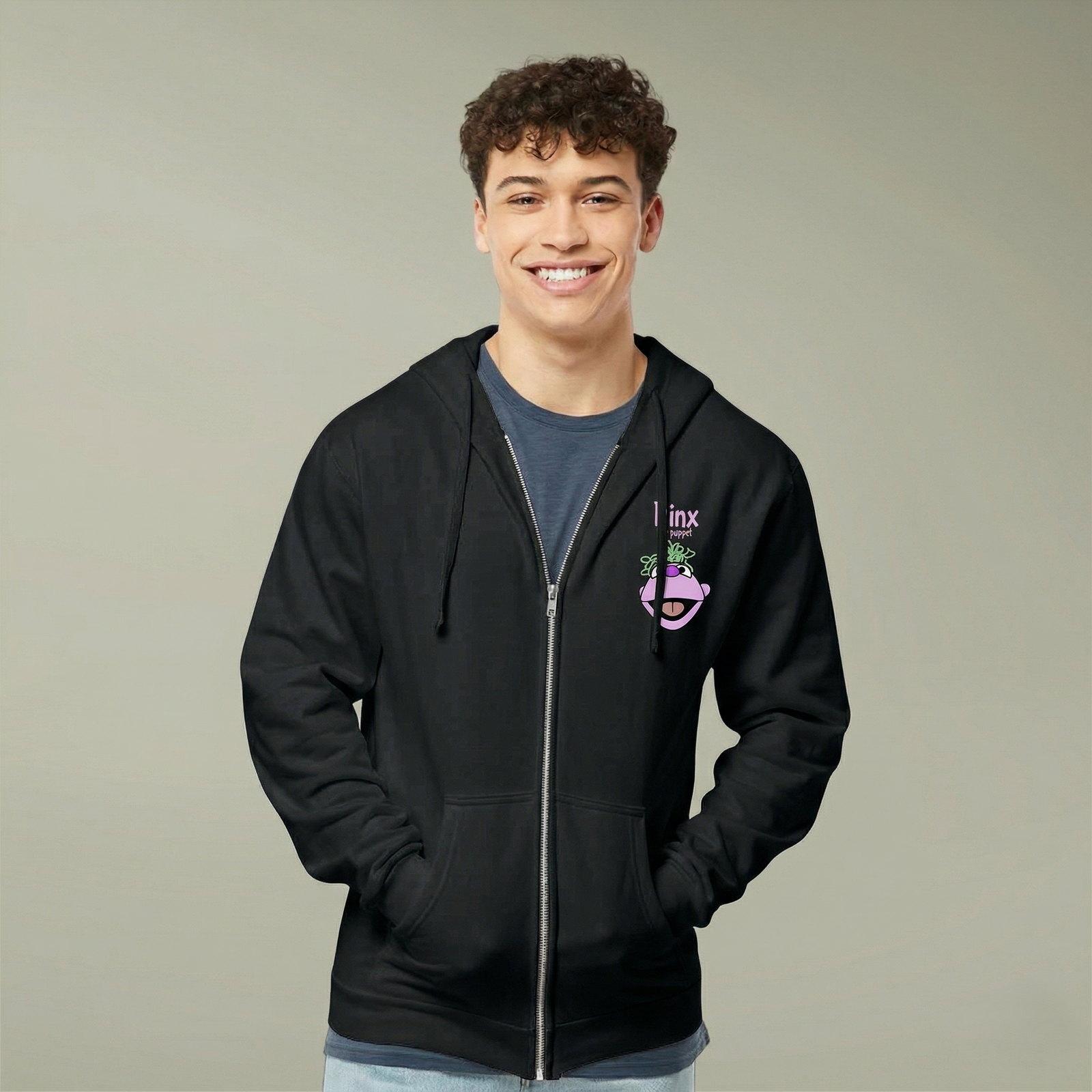 Dinx The Puppet Full-Zip Hooded Sweatshirt (Black)