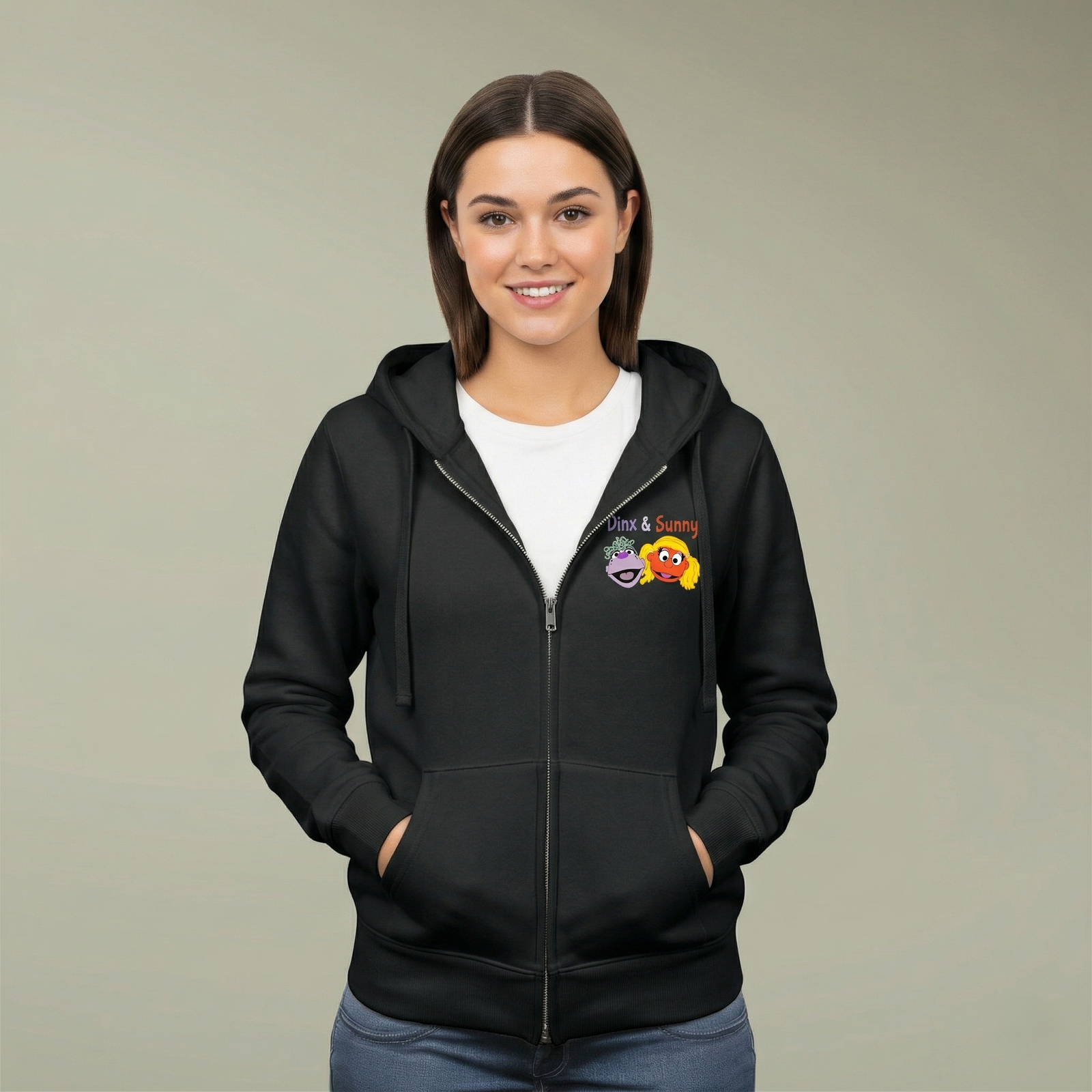 Dinx The Puppet - Dinx & Sunny Full-Zip Hooded Sweatshirt (Black)